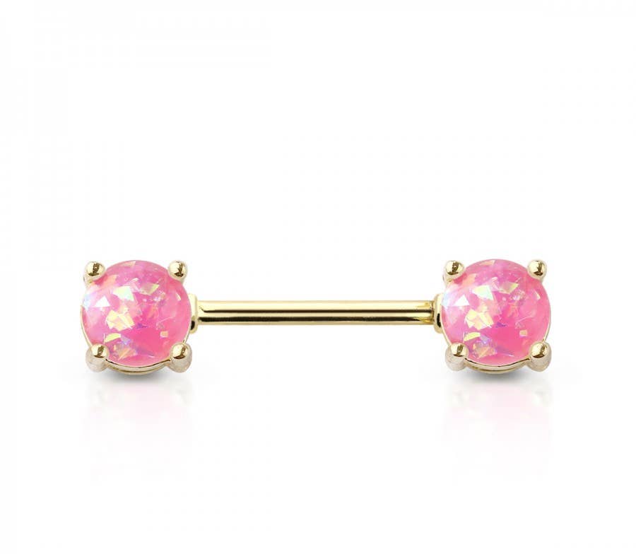 GOLD PLATED DOUBLE ROUND RESIN OPAL PRONG SET SS NIPPLE BAR: GOLD/WHITE