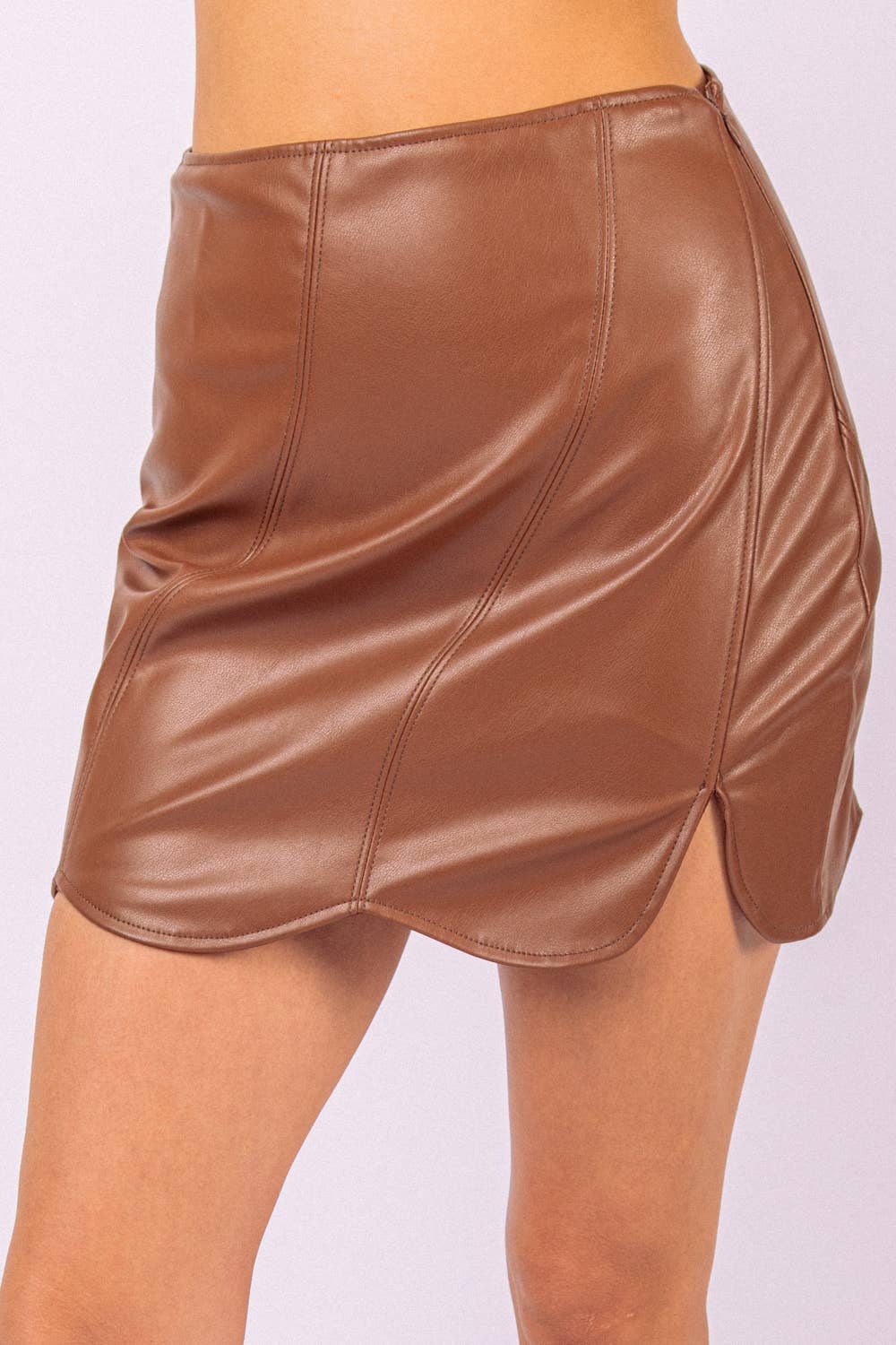 Scallop Hem Faux Leather Fitted Mini Skirt