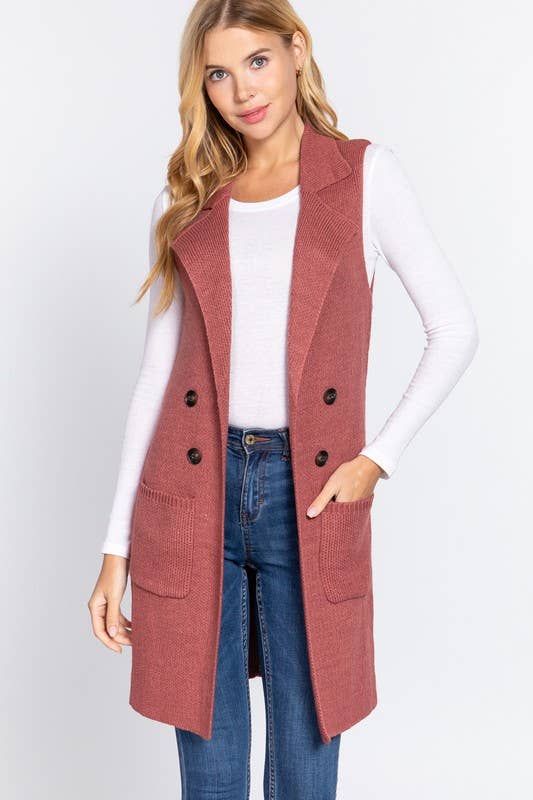 Sleeveless Notched Collar Long Sweater Vest