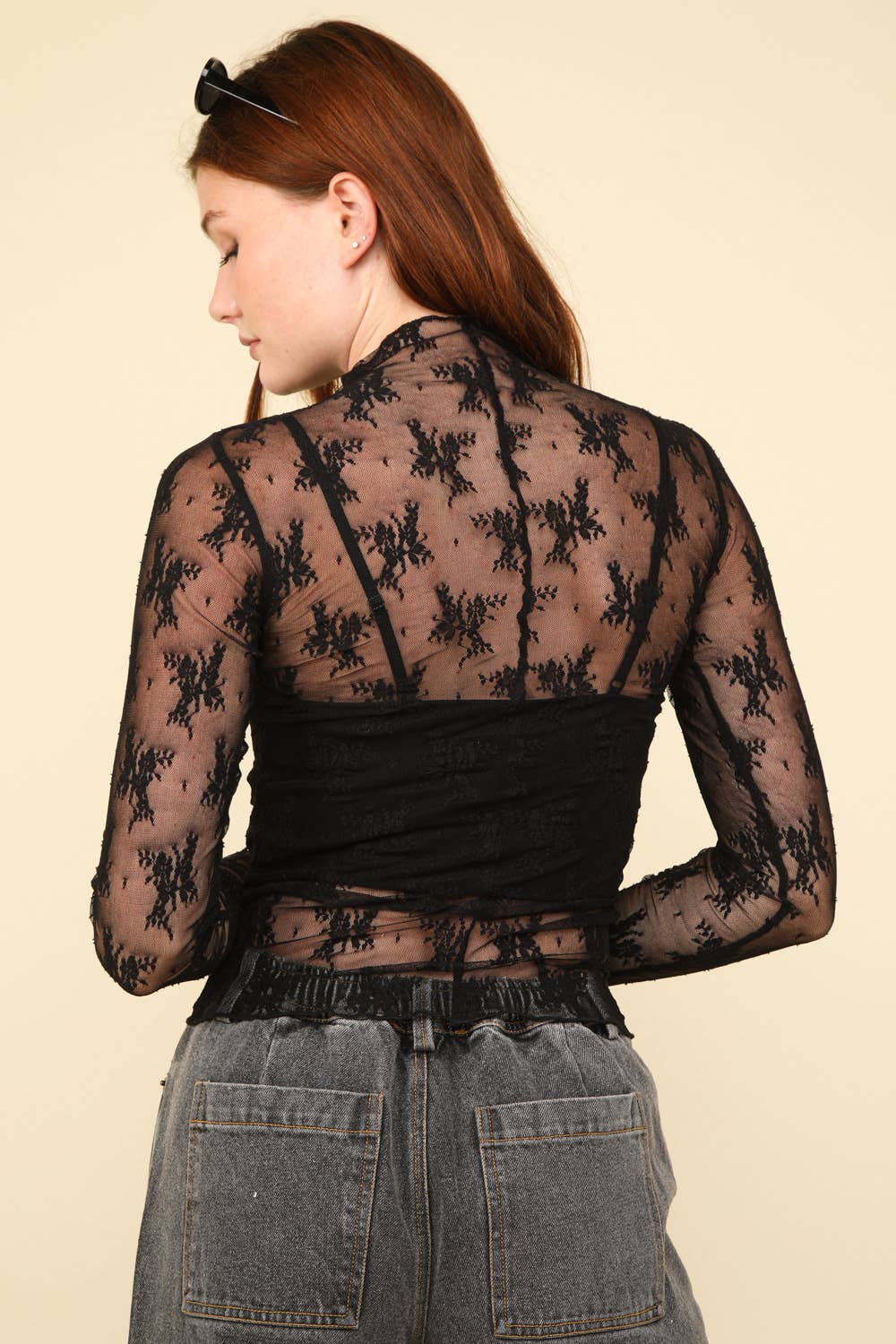 High Neck Fitted Sheer Mesh Lace Knit Top: FLORAL BLACK