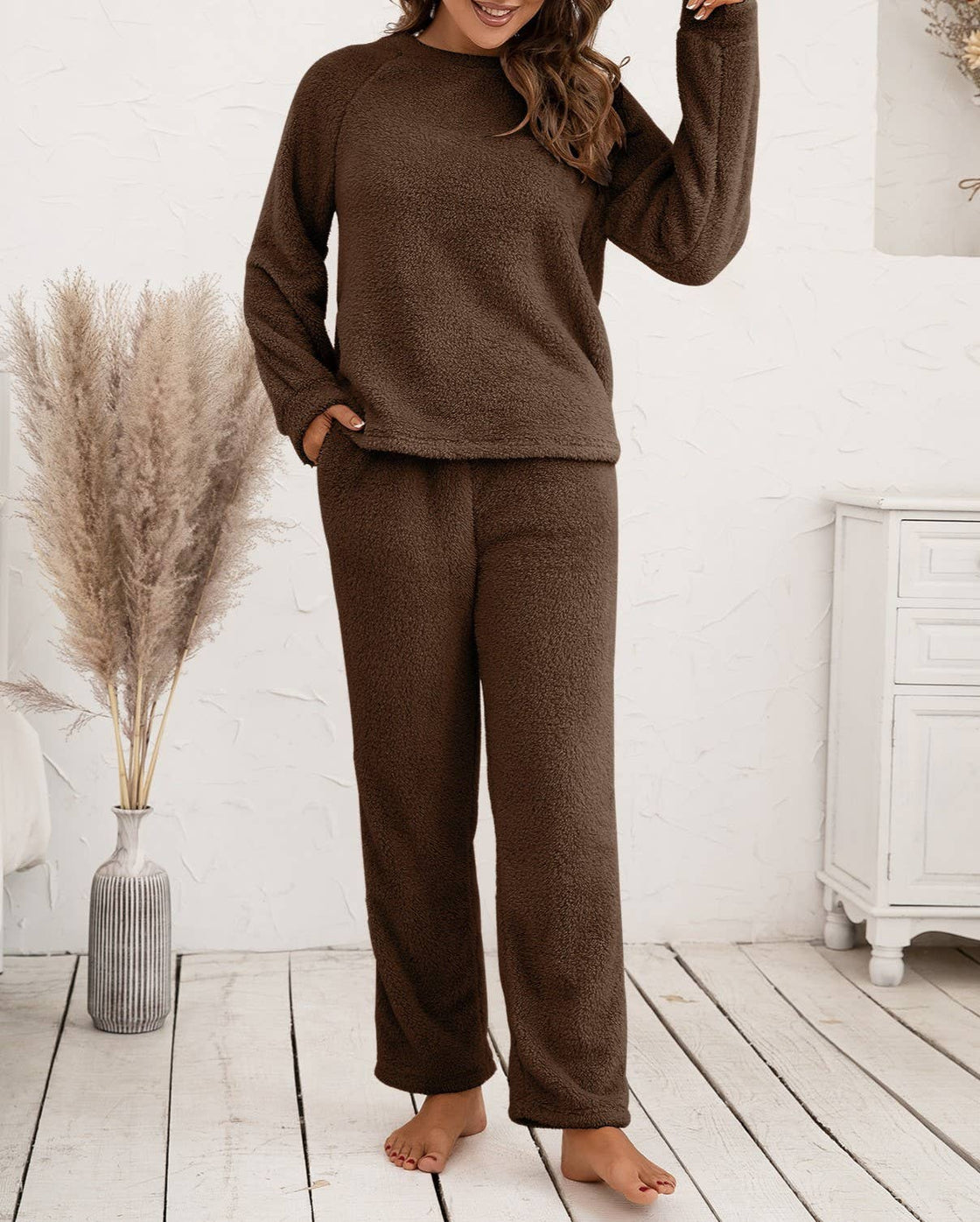 Loungewear Double-Sided Plush Two-Piece Set: Brown