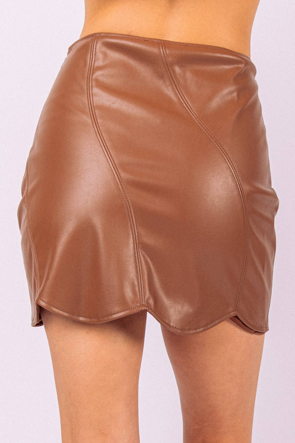 Scallop Hem Faux Leather Fitted Mini Skirt