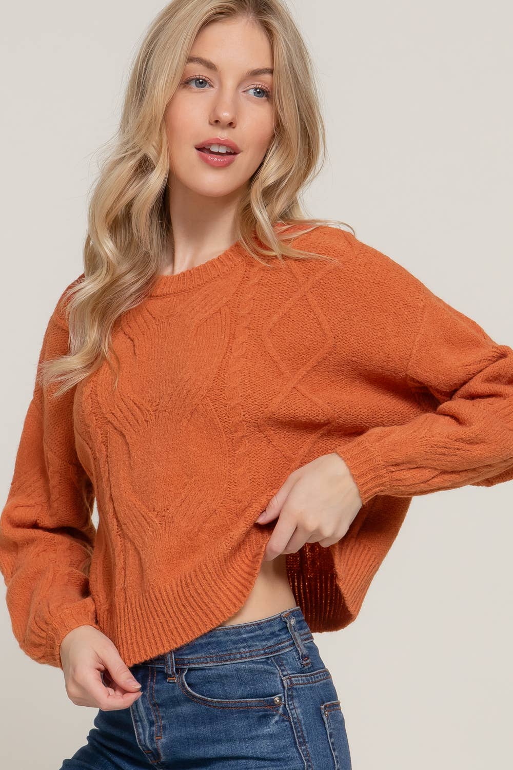 Long Sleeve Crew Neck Cable Detail Sweater