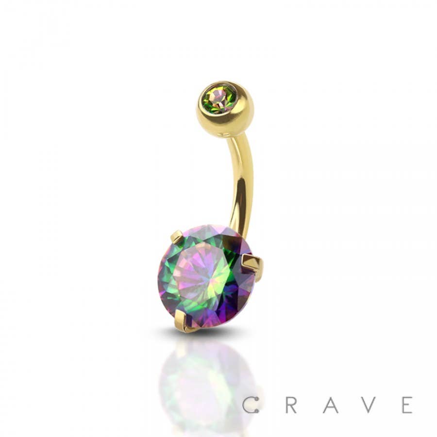 GOLD PLATED DOUBLE GEM PRONG ROUND CZ NAVEL RING: PINK-14G