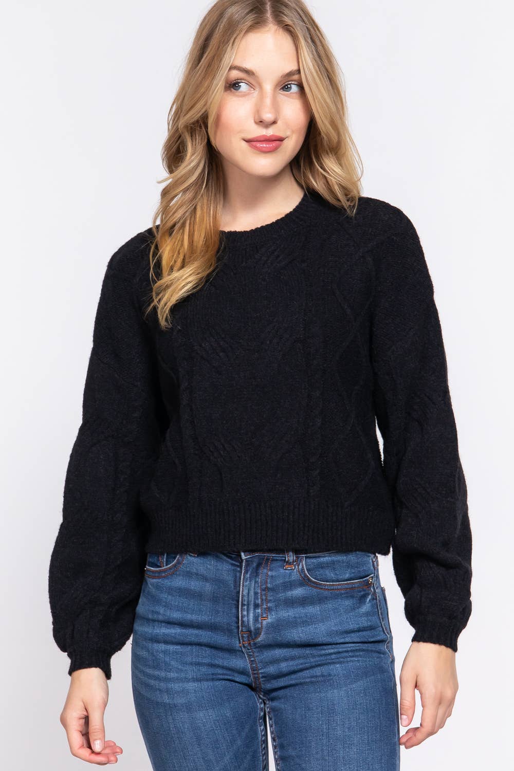 Long Sleeve Crew Neck Cable Detail Sweater