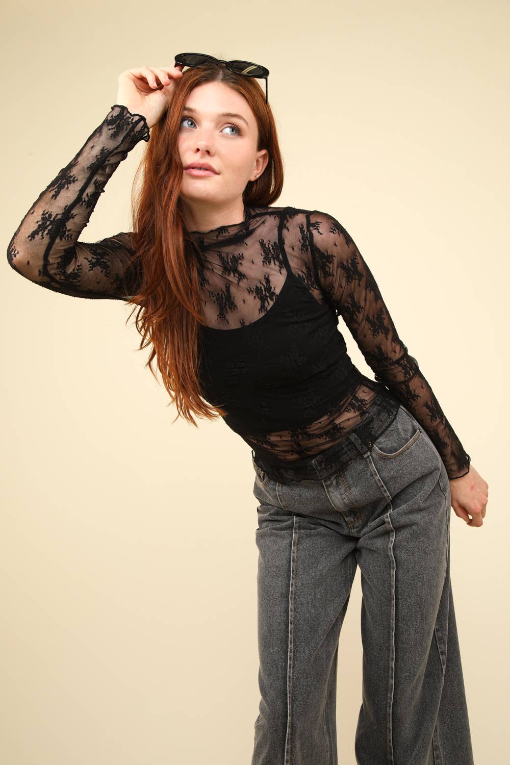 High Neck Fitted Sheer Mesh Lace Knit Top: FLORAL BLACK