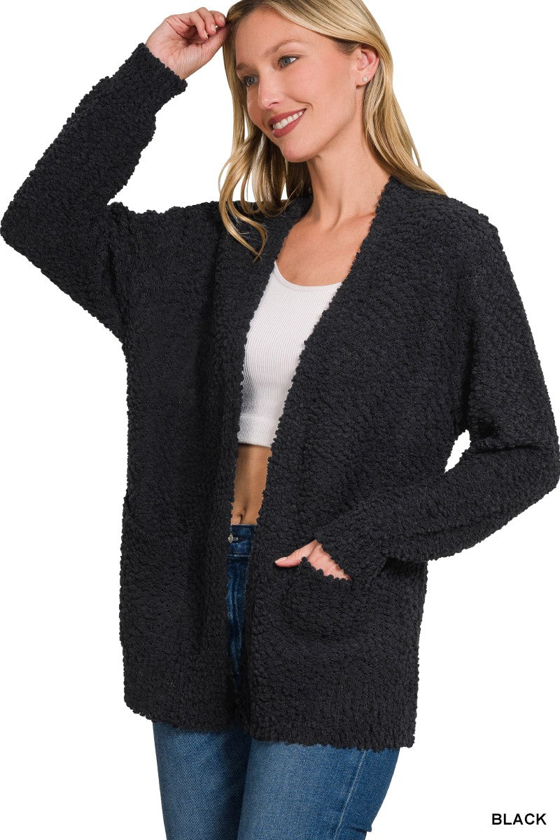 Long Sleeve Popcorn Sweater Cardigan- Black