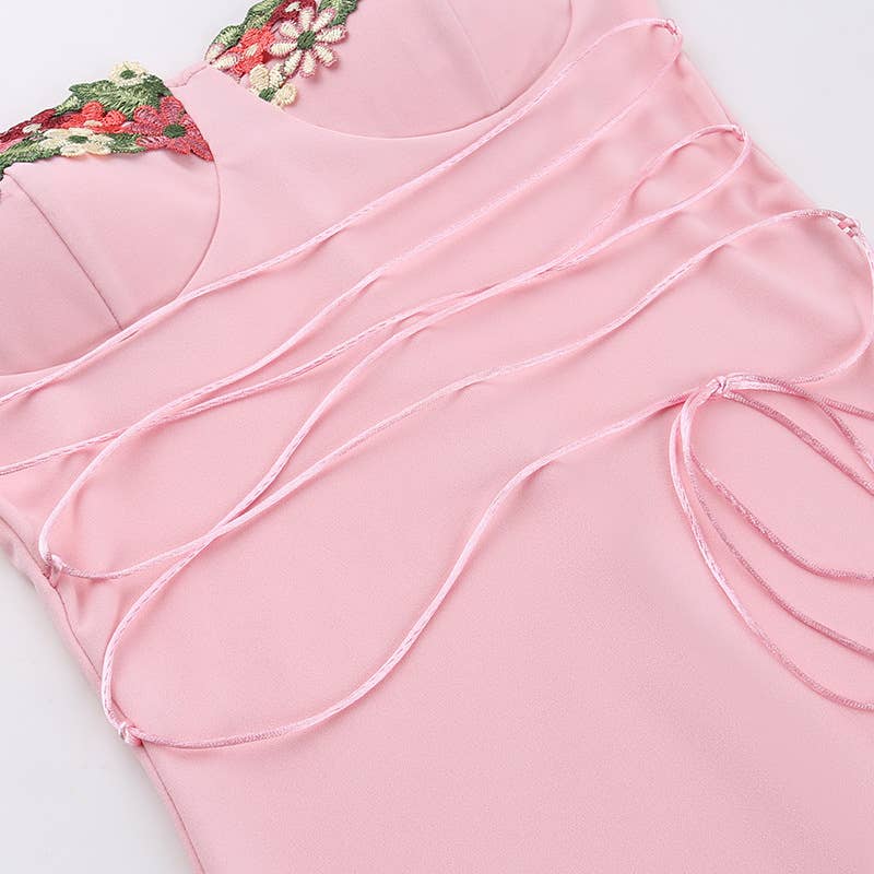 Floral Embroidery Strappy Lace up Maxi Dress: Pink