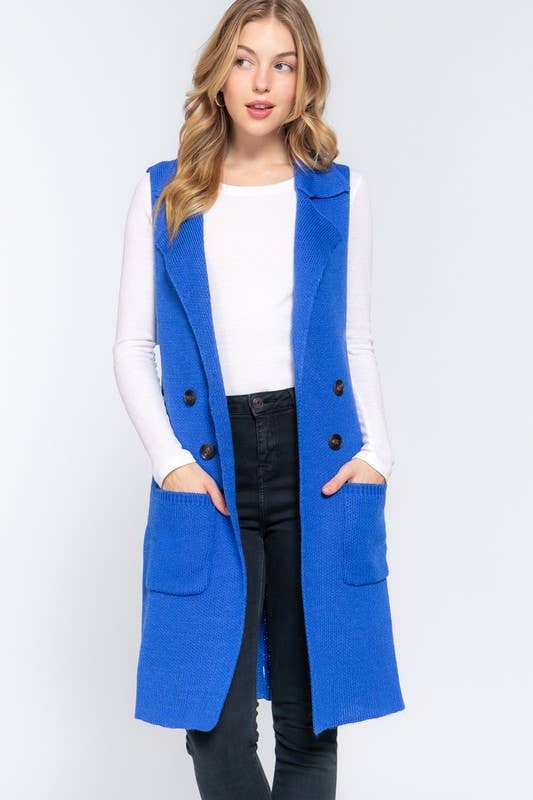 Sleeveless Notched Collar Long Sweater Vest