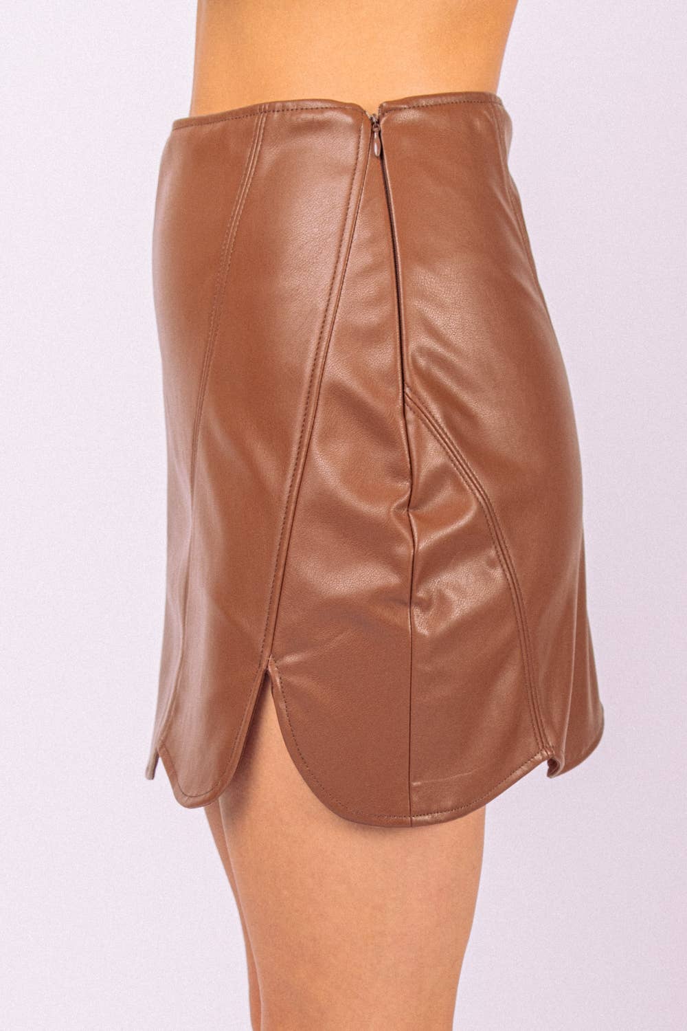 Scallop Hem Faux Leather Fitted Mini Skirt