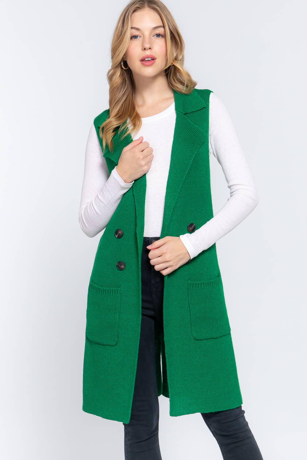 Sleeveless Notched Collar Long Sweater Vest