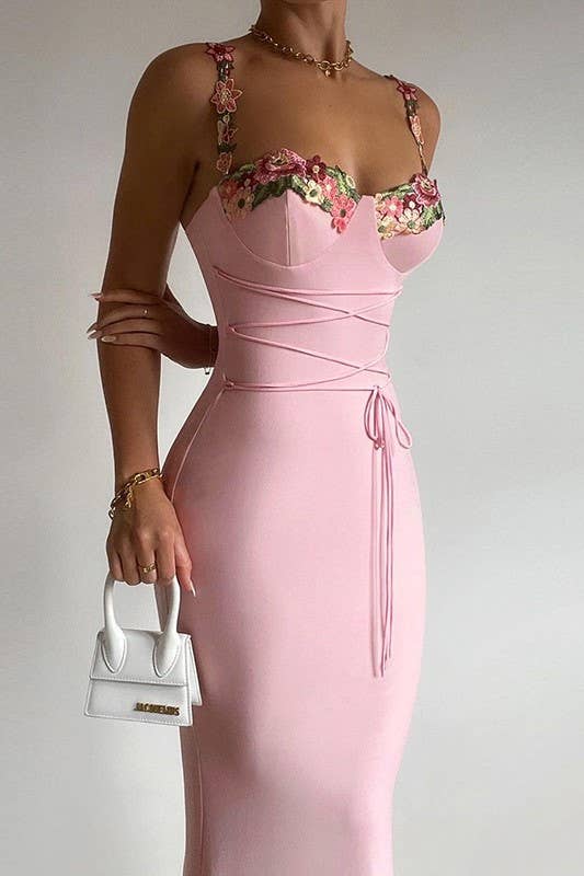 Floral Embroidery Strappy Lace up Maxi Dress: Pink