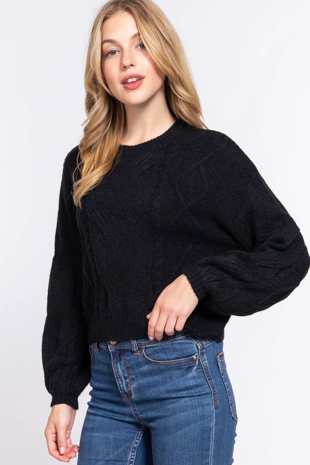 Long Sleeve Crew Neck Cable Detail Sweater