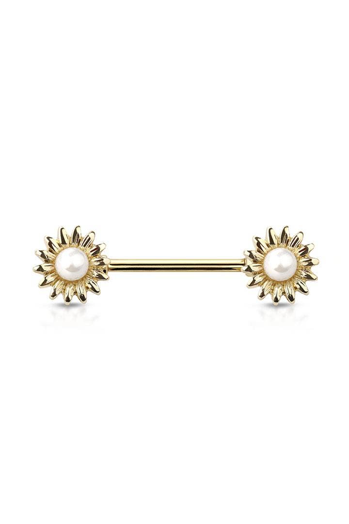 PEARL SUNFLOWER ENDS 316L SURGICAL STEEL NIPPLE BAR