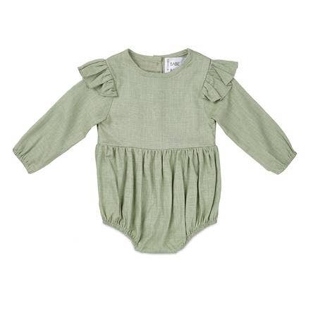 Sage Flutter Sleeve Linen Baby Romper