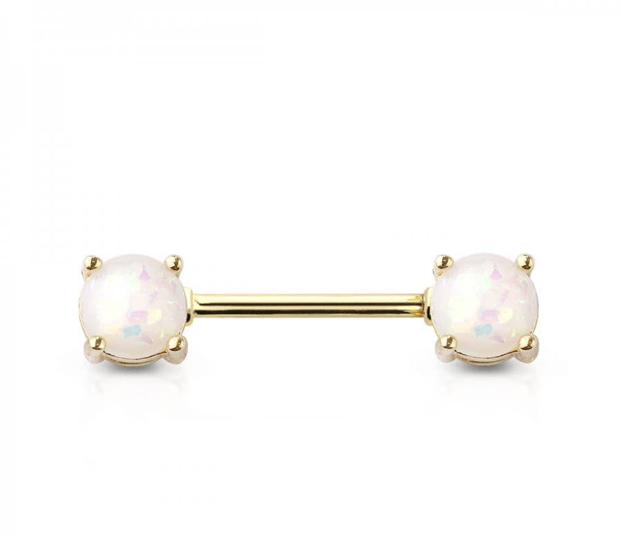 GOLD PLATED DOUBLE ROUND RESIN OPAL PRONG SET SS NIPPLE BAR: GOLD/WHITE