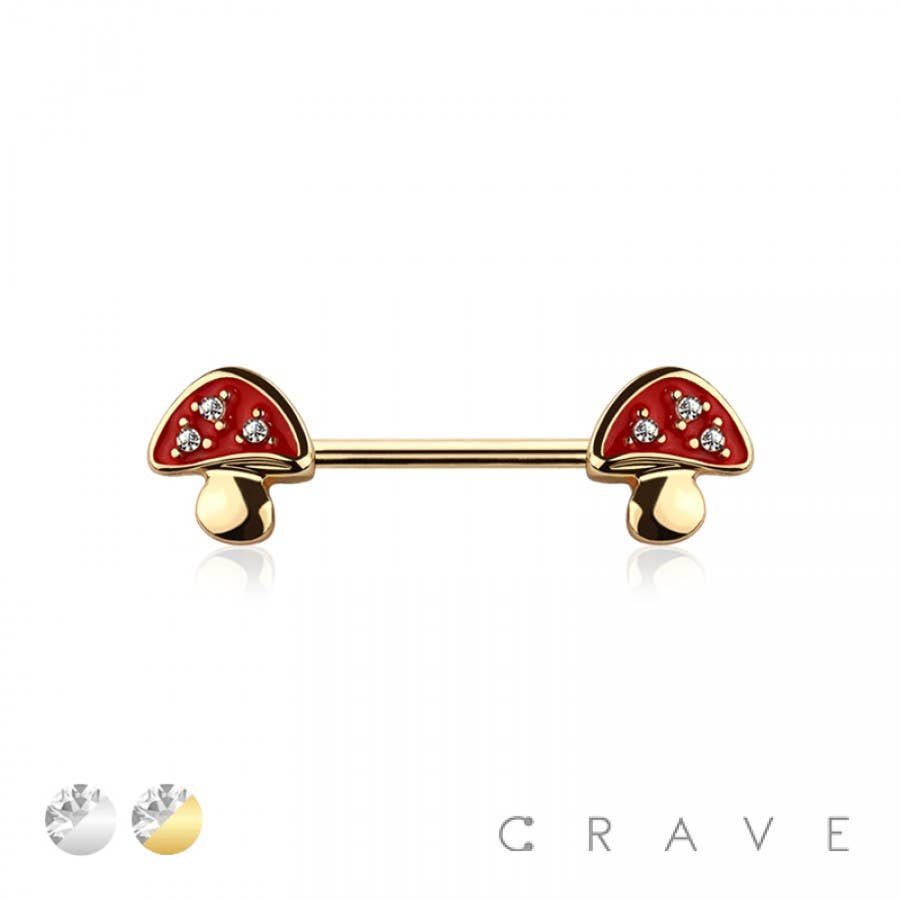 GEM PAVED MUSHROOM 316L SURGICAL STEEL NIPPLE BAR: GOLD