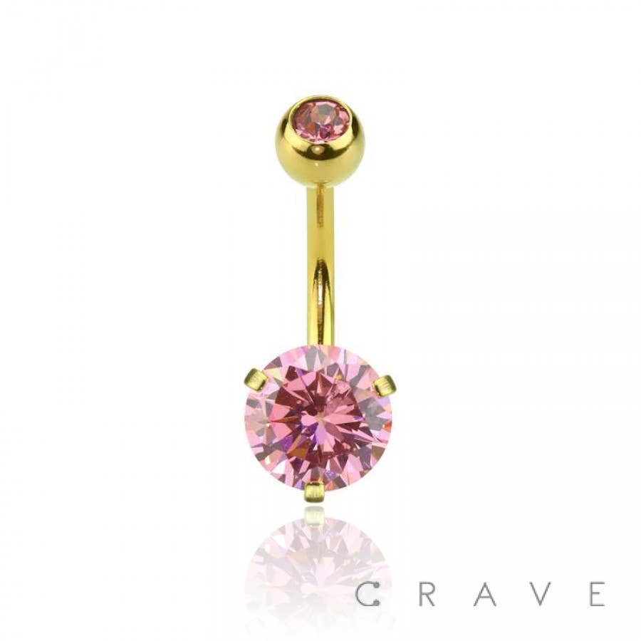 GOLD PLATED DOUBLE GEM PRONG ROUND CZ NAVEL RING: PINK-14G