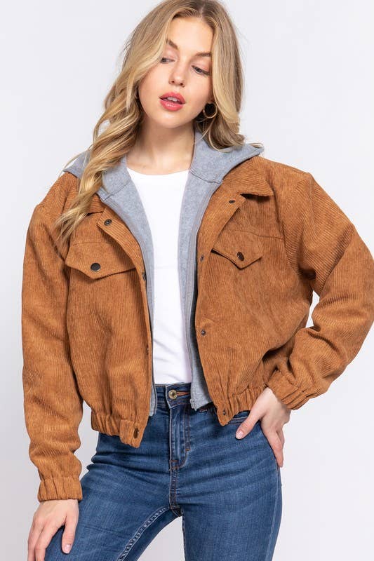 Long Sleeve Inside Hoodie Corduroy Jacket