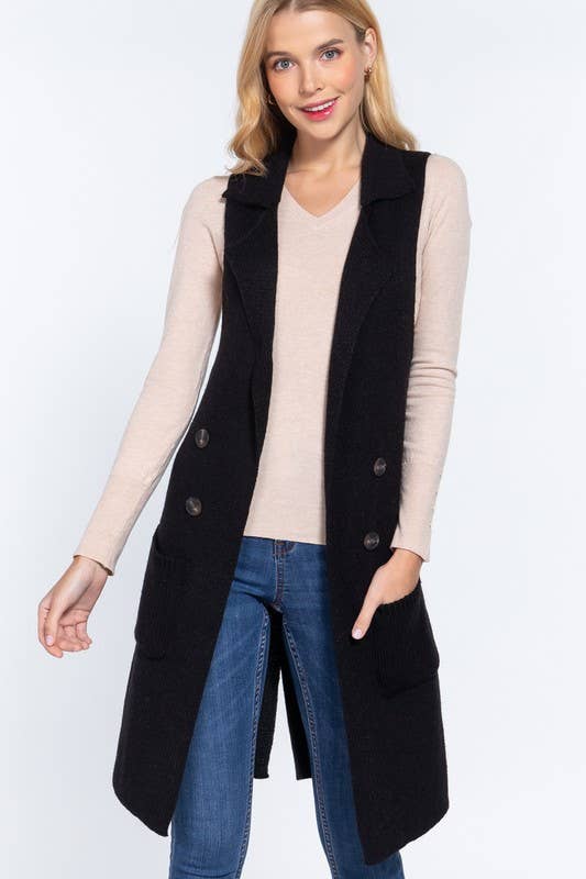 Sleeveless Notched Collar Long Sweater Vest