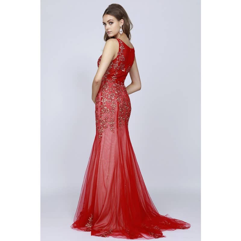 FLORAL APPLIQUES MERMAID PROM DRESS: RED & GOLD / SIZE: L