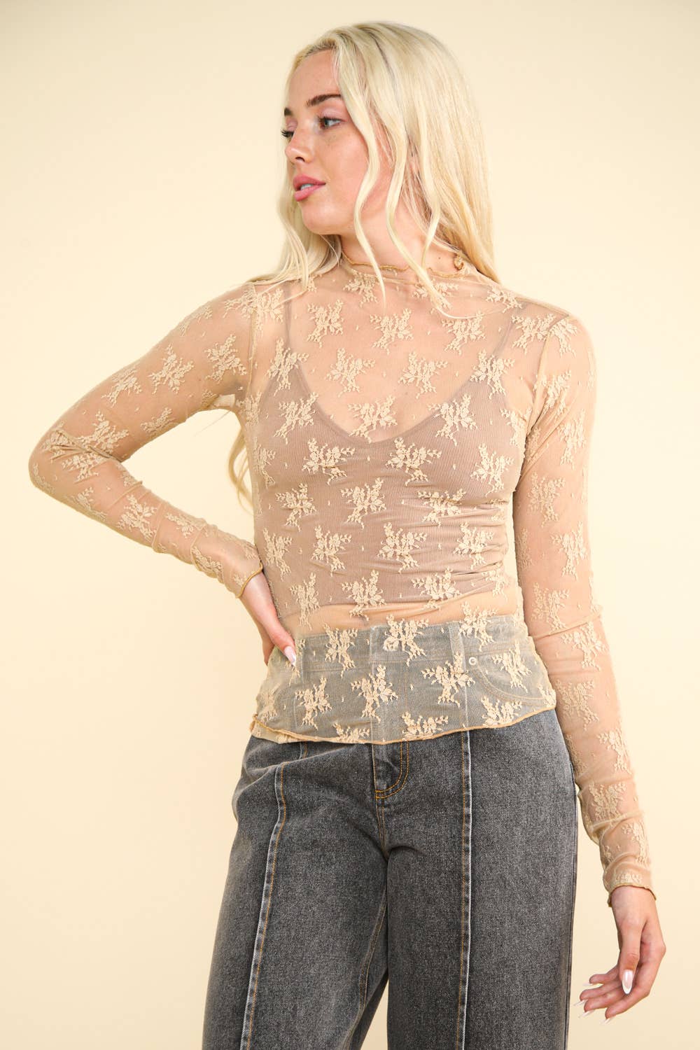 High Neck Fitted Sheer Mesh Lace Knit Top: FLORAL BLACK