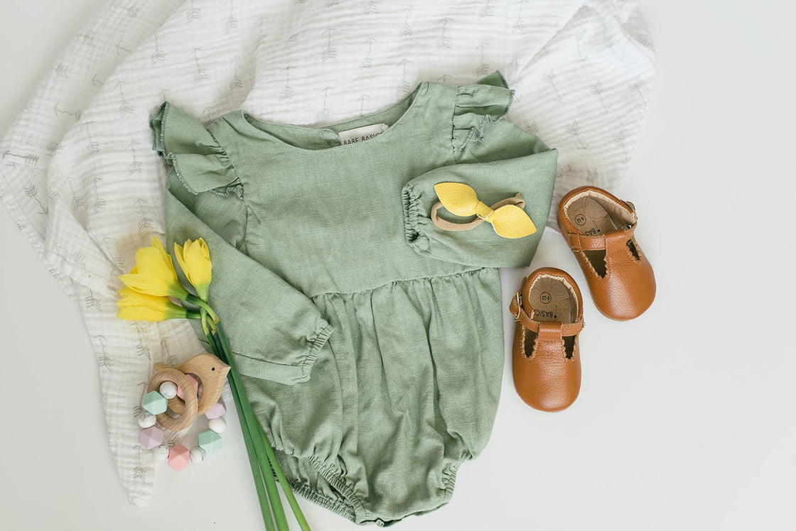 Sage Flutter Sleeve Linen Baby Romper