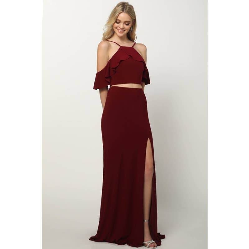 RUFFLED BODICE FITTED TWO PIECE PROM DRESS: BURGUNDY /SIZE: XS