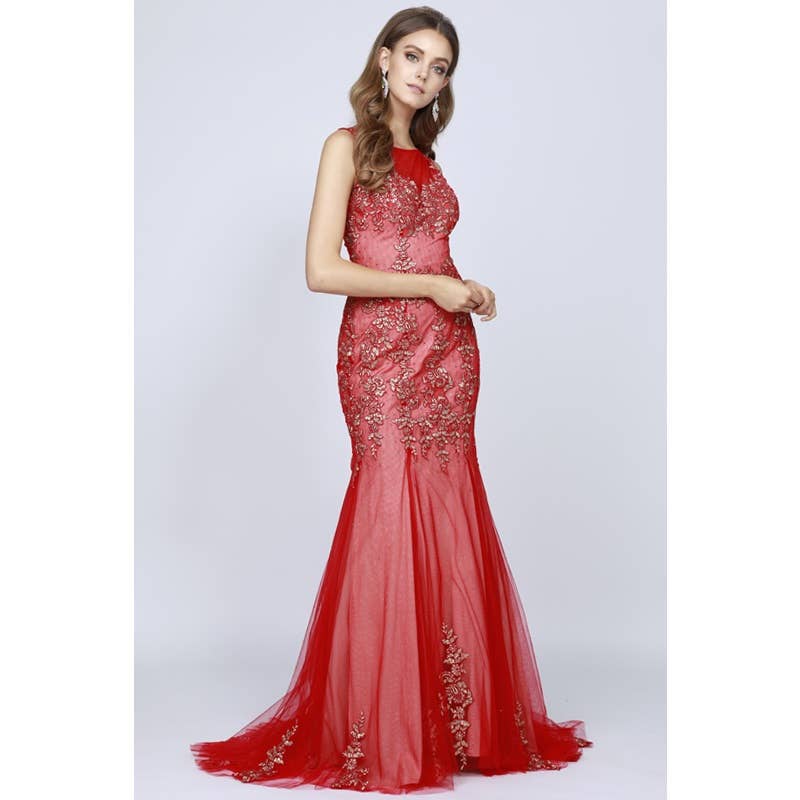 FLORAL APPLIQUES MERMAID PROM DRESS: RED & GOLD / SIZE: L