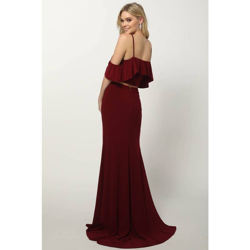 RUFFLED BODICE FITTED TWO PIECE PROM DRESS: BURGUNDY /SIZE: XS