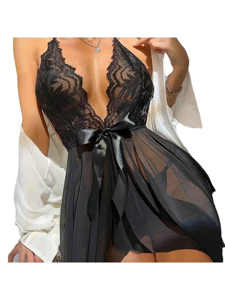 Bow Style Hanging Neck Mesh Sheer Nightgown Sexy Set