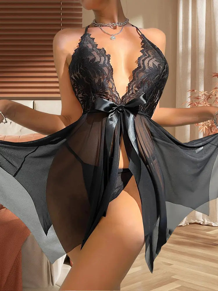 Bow Style Hanging Neck Mesh Sheer Nightgown Sexy Set