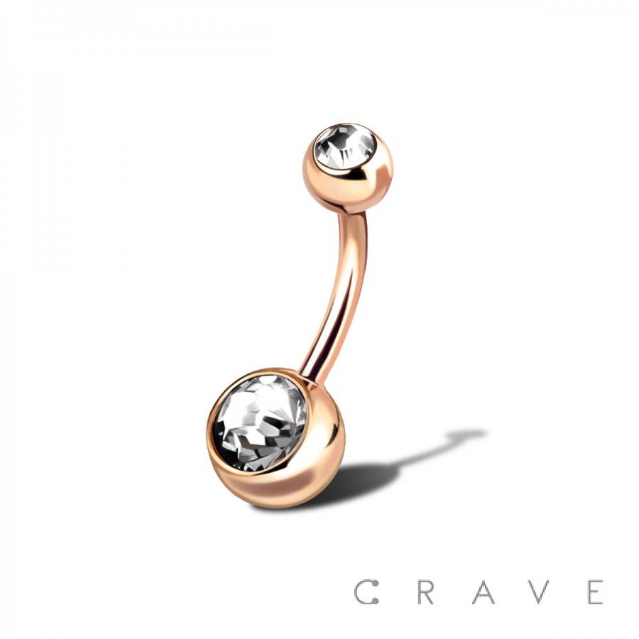 ROSE GOLD PVD PLATEDDOUBLE GEM NAVEL RING: ROSE GOLD/ CLEAR-14G