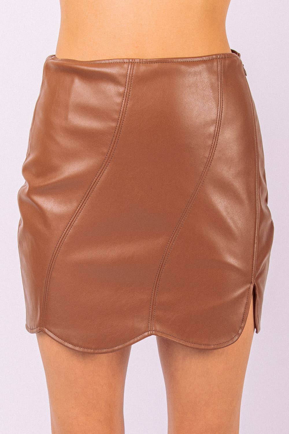 Scallop Hem Faux Leather Fitted Mini Skirt