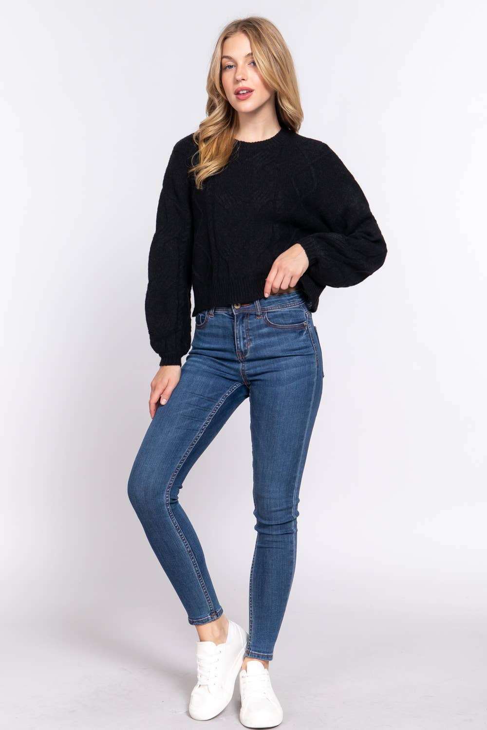 Long Sleeve Crew Neck Cable Detail Sweater