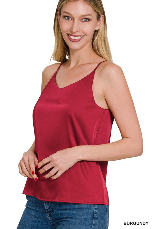 Burgundy Satin Charmeuse V-Neck Cami Top