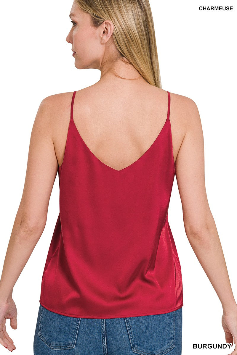 Burgundy Satin Charmeuse V-Neck Cami Top