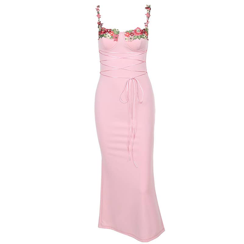 Floral Embroidery Strappy Lace up Maxi Dress: Pink