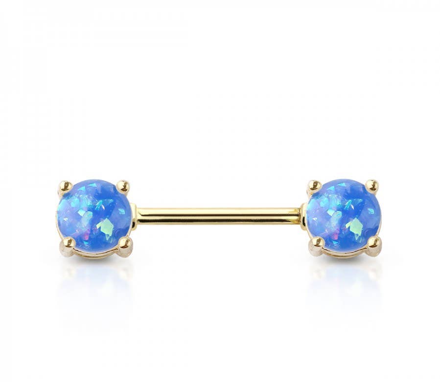 GOLD PLATED DOUBLE ROUND RESIN OPAL PRONG SET SS NIPPLE BAR: GOLD/WHITE