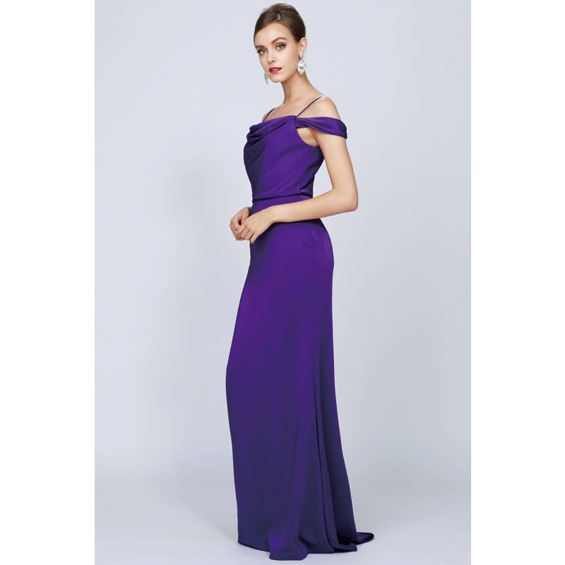 DRAPED OFF-THE-SHOULDER EVENING GOWN: PURPLE /SIZE: XS