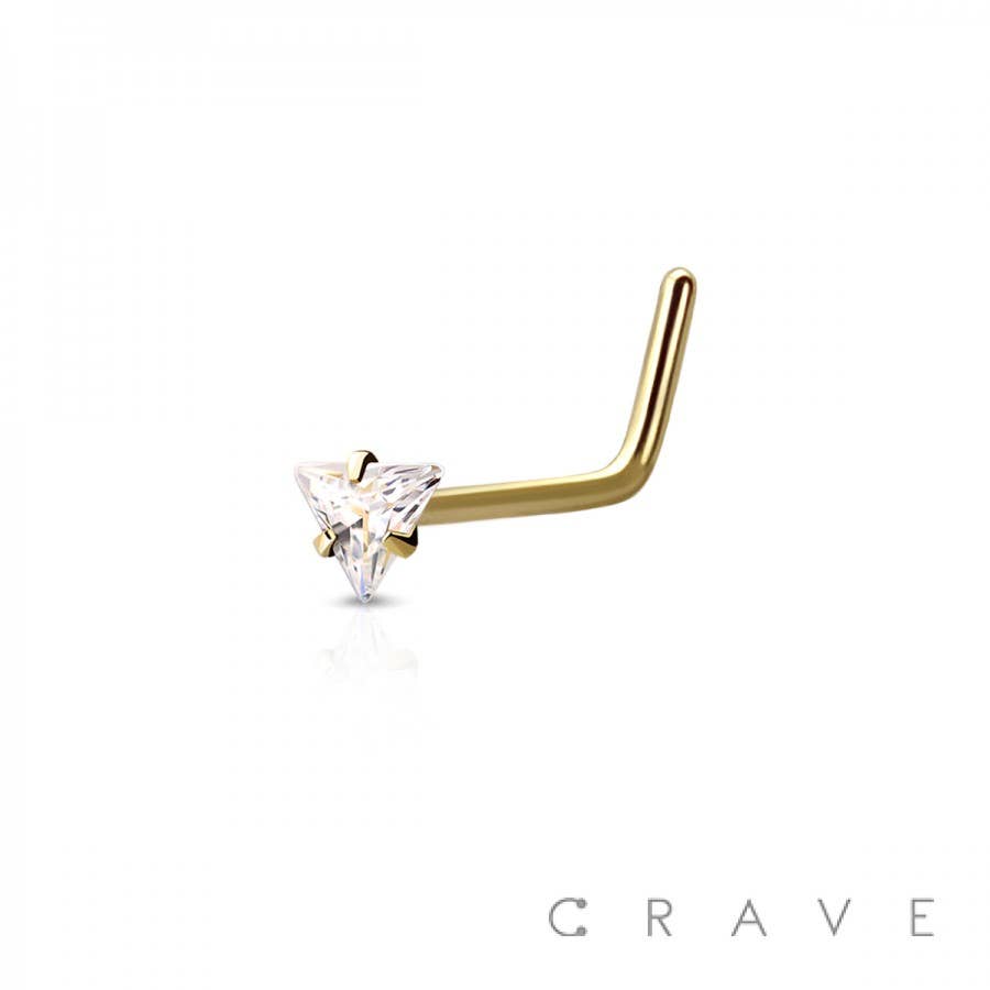 CRAVE BODY JEWELRY - 316L SURGICAL STEEL NOSE "L"BEND TRIANGLE SHAPE PRONG SET: GOLD/CLEAR-20GA (0.8MM)-1/4" (6MM)-3MM