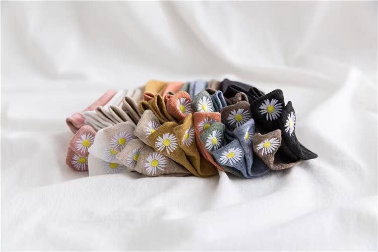 Shop Lev - Women Flower Embroidery Point Ankle Socks: Turmeric