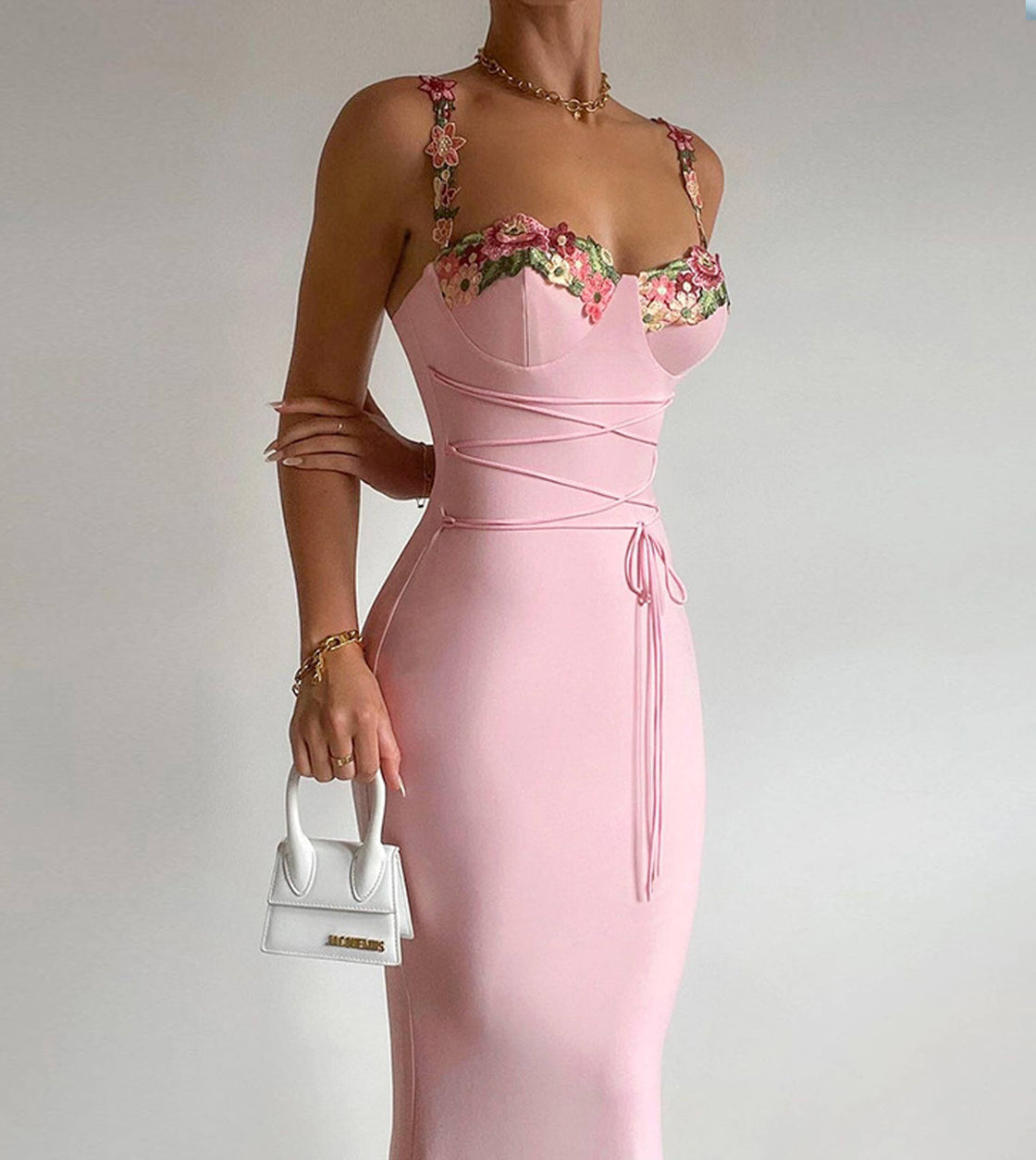 Floral Embroidery Strappy Lace up Maxi Dress: Pink