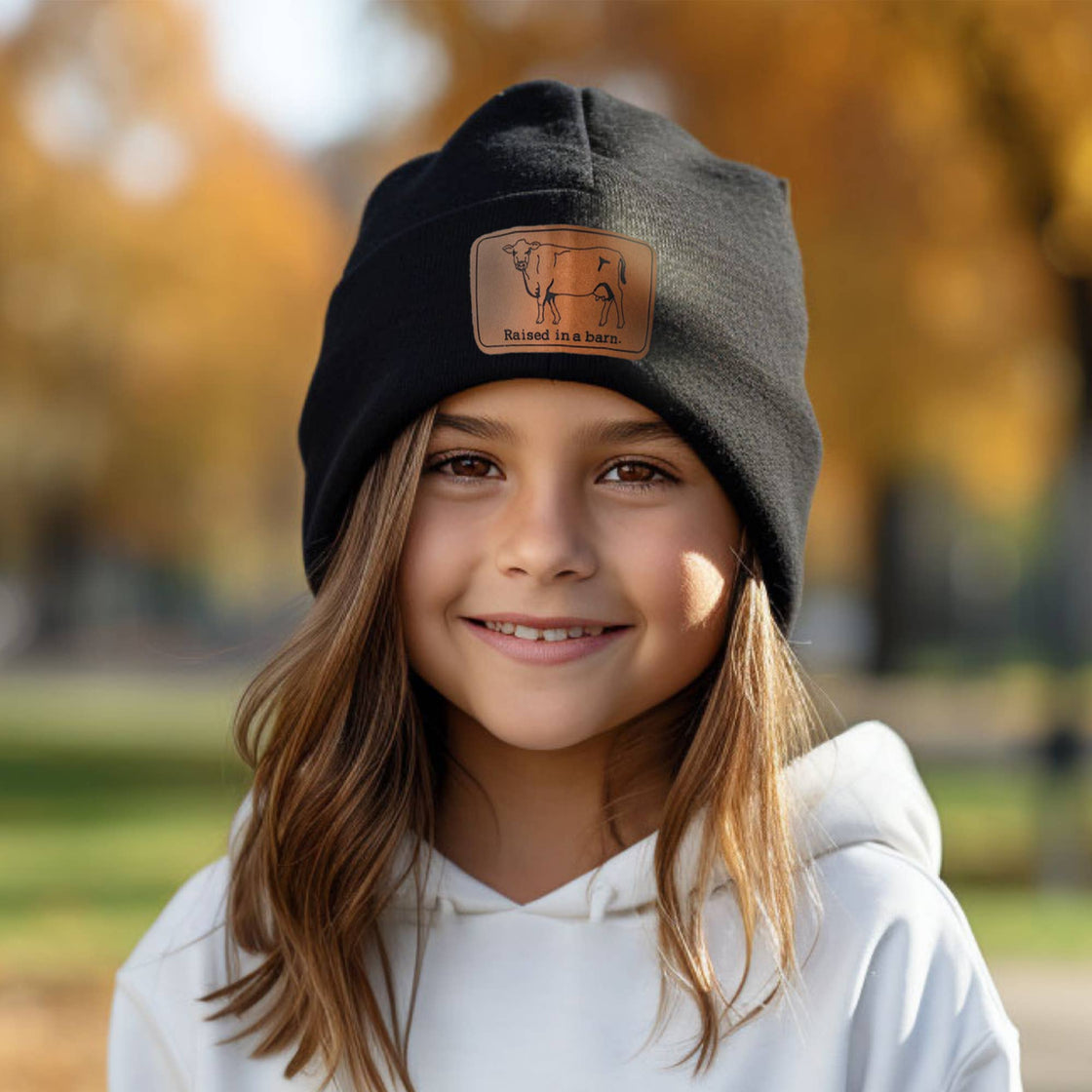 Raised in a Barn Cow BLACK Baby Youth Beanie