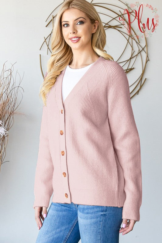 LONG SLEEVE V NECK BUTTON DOWN CARDIGAN - Regular and Plus Sizes