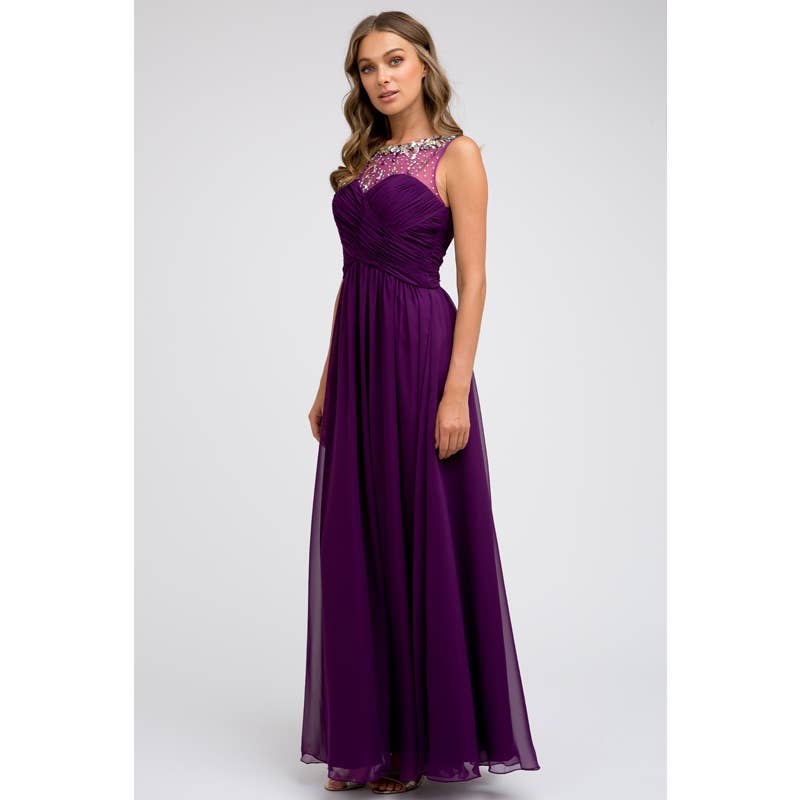 SLEEVELESS WITH GATHERED WAISTLINE FORMAL DRESS: PURPLE / SIZE: XS