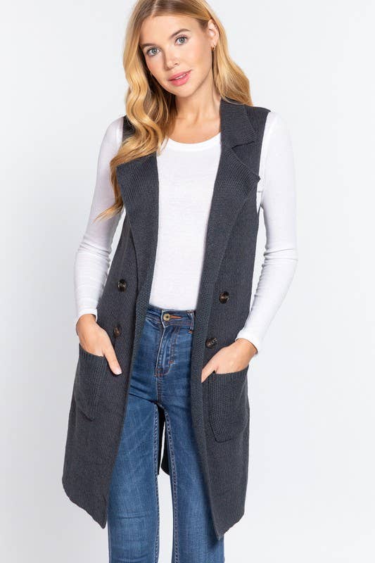 Sleeveless Notched Collar Long Sweater Vest