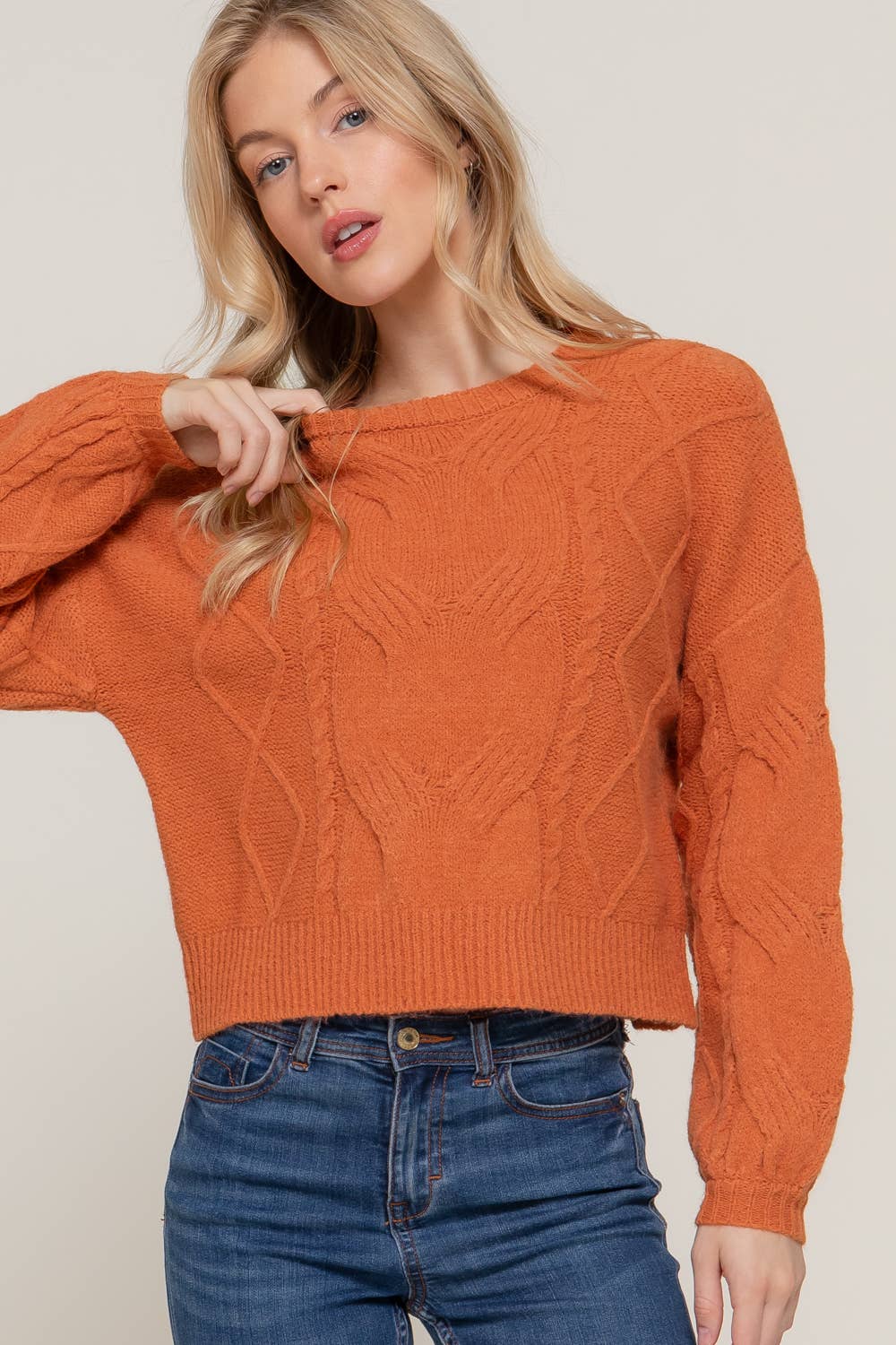 Long Sleeve Crew Neck Cable Detail Sweater