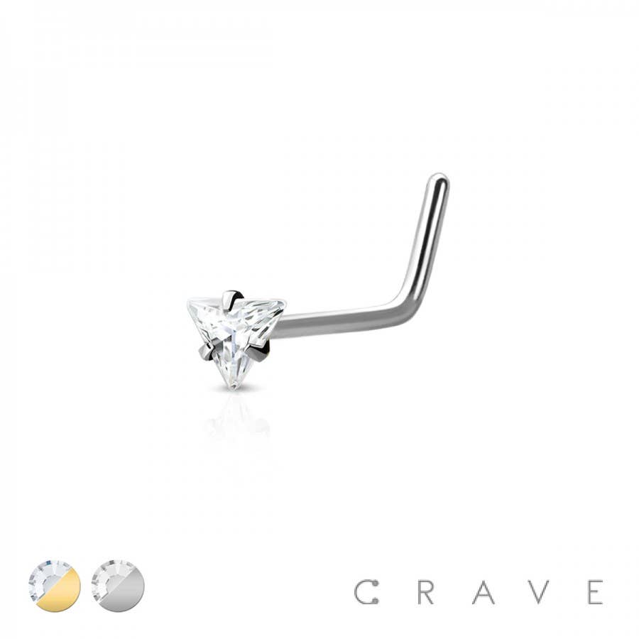 CRAVE BODY JEWELRY - 316L SURGICAL STEEL NOSE "L"BEND TRIANGLE SHAPE PRONG SET: GOLD/CLEAR-20GA (0.8MM)-1/4" (6MM)-3MM