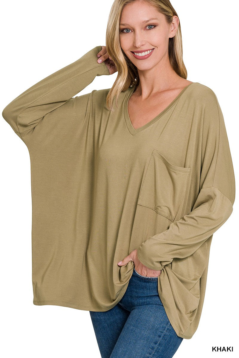 Oversized V-Neck Front Pocket Top